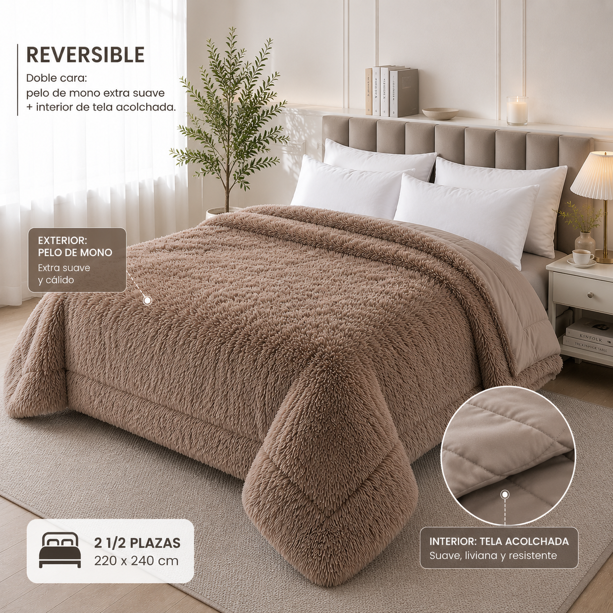 Edredón Reversible de Pelo de Mono – 2½ Plazas (220 × 240 cm)