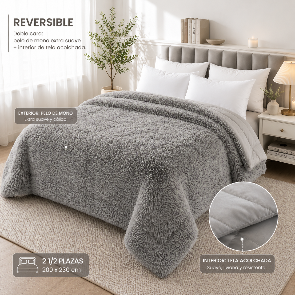 Edredón Reversible de Pelo de Mono – 2½ Plazas (220 × 240 cm)